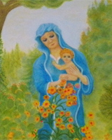 Madonna con bambino in un giardino di campagna